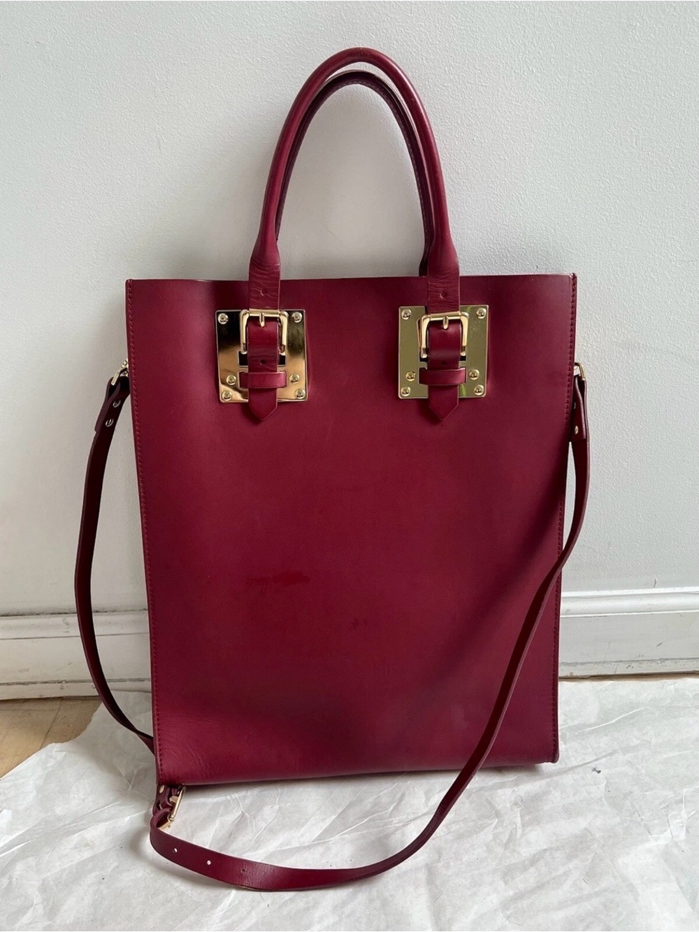 Sophie Hulme Burgundy Leather Tote Bag Gold Hardware Top Handle Crossbody